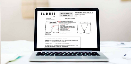 Documento de solicitud de cotización de La Muda Club mostrando especificaciones técnicas de boxers, incluyendo detalles de costuras, botones de nácar, etiquetas y dimensiones. Imagen de un diseño de boxers junto con anotaciones detalladas para la fabricación.