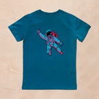 Camiseta azul 100% algodón con astronauta en la parte trasera, diseño Laudaperezblaya.