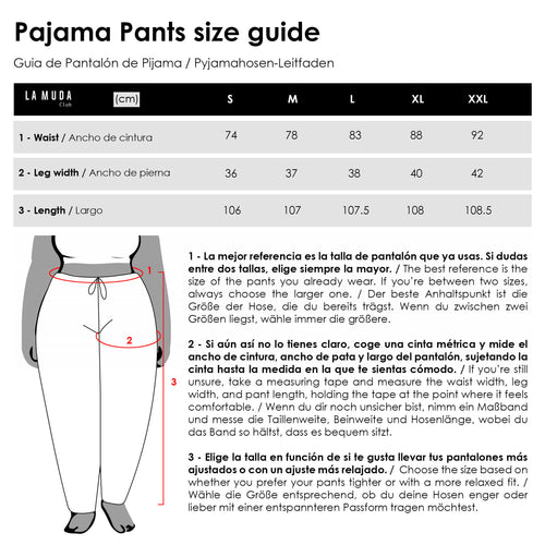 Detalle de medidas del pantalón de pijama. Incluye ancho de cintura, ancho de pata y largo. Ideal para elegir la talla adecuada y disfrutar de un ajuste cómodo.