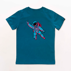 Camiseta azul 100% algodón con astronauta en la parte trasera, diseño Laudaperezblaya.