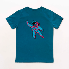 Camiseta azul 100% algodón con astronauta en la parte trasera, diseño Laudaperezblaya.