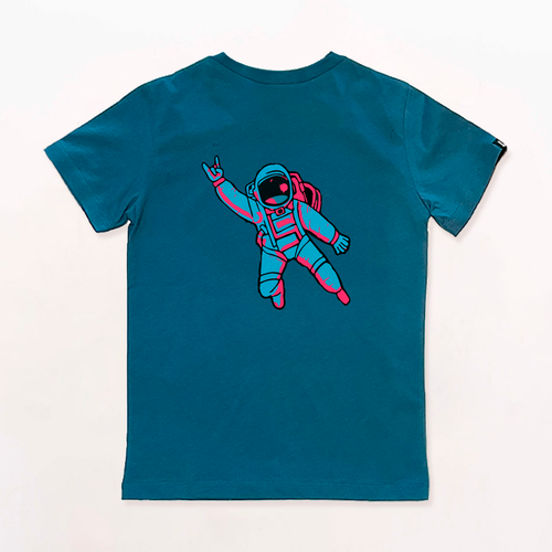 Camiseta azul 100% algodón con astronauta en la parte trasera, diseño Laudaperezblaya.