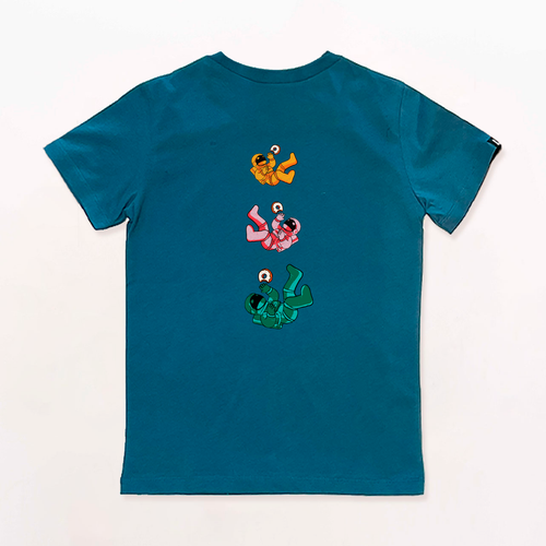 Camiseta azul 100% algodón con astronautas de colores en la parte trasera.