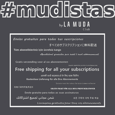 #Mudistas de la muda club en blanco sobre fondo gris y un cuadrado con "envio gratis en todas tus suscripciones en distintos idiomas"