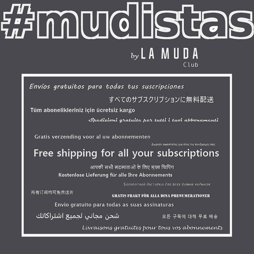 #Mudistas de la muda club en blanco sobre fondo gris y un cuadrado con "envio gratis en todas tus suscripciones en distintos idiomas"