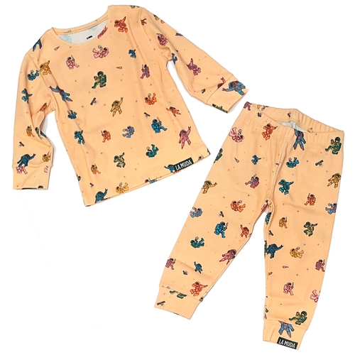 Pijama de niño en algodón con estampado divertido a rayas y astronautas.
